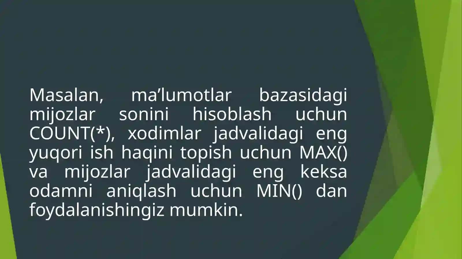 MA'LUMOTLAR BAZASINI BOSHQARISH VA DASTURLASH TEXNOLOGIYALARI FANIDANTAYYORLAGAN TAQDIMOTI 4