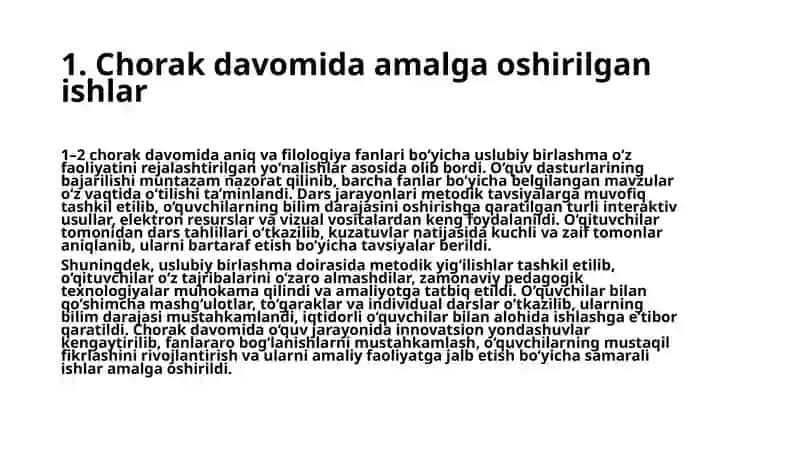 Mahsus maktablar uchun  Aniq va filologiya  fani uslub birlashmasining 1-2 chorak  hisobati 4