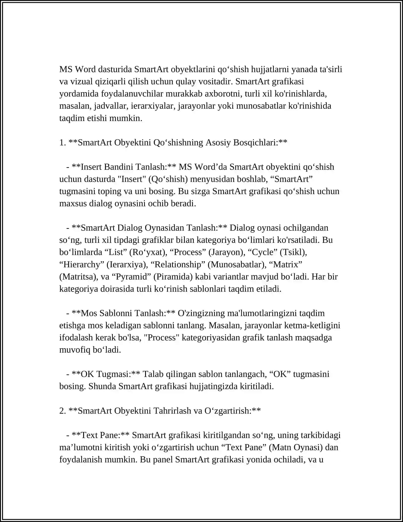 MS WORD DASTURIDA. SMARTART OBYEKTI BILAN. ISHLASH 4