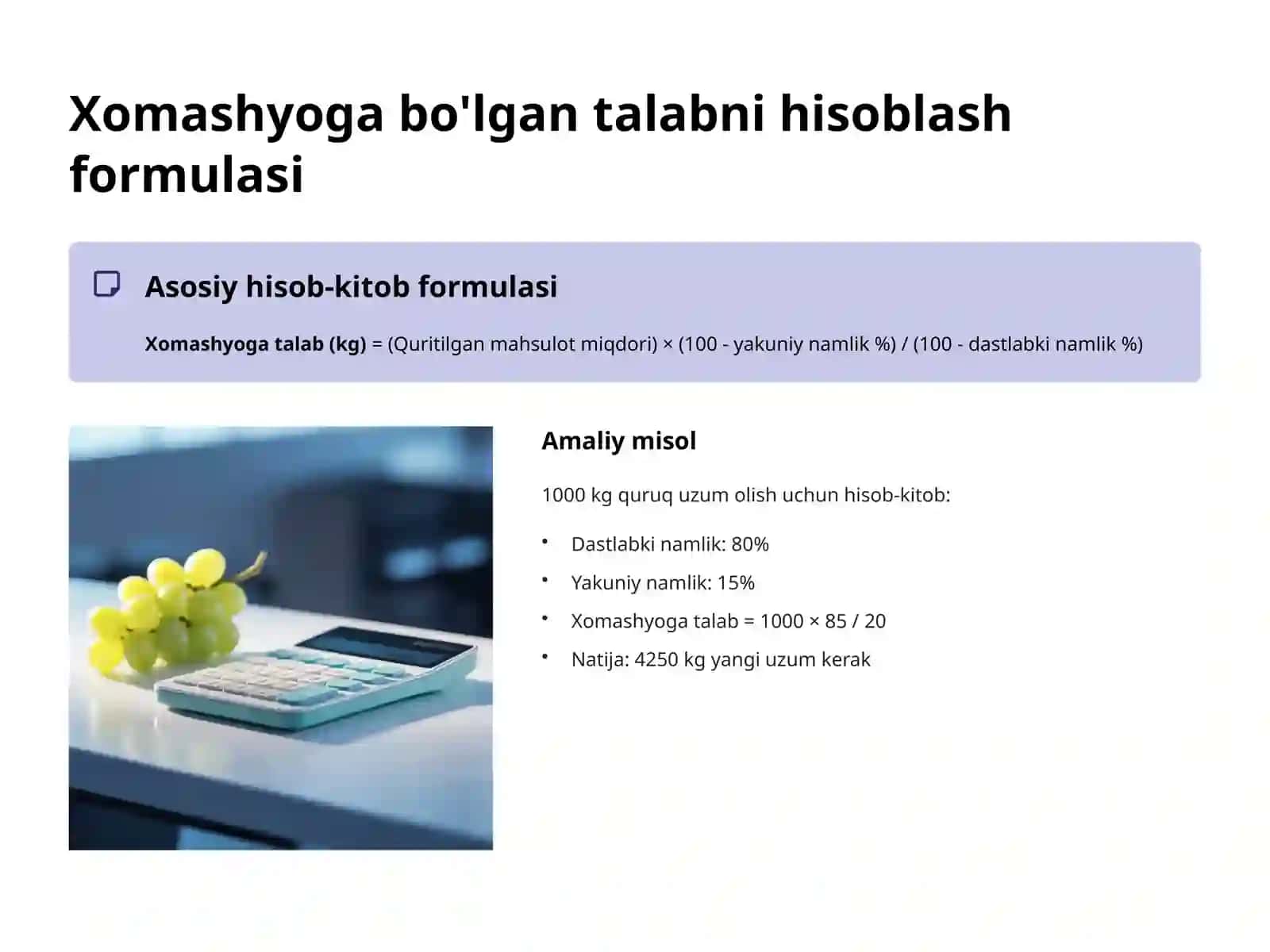 Meva va uzumni qurutishda xomashyoga bo'lgan talabni hisoblash 4