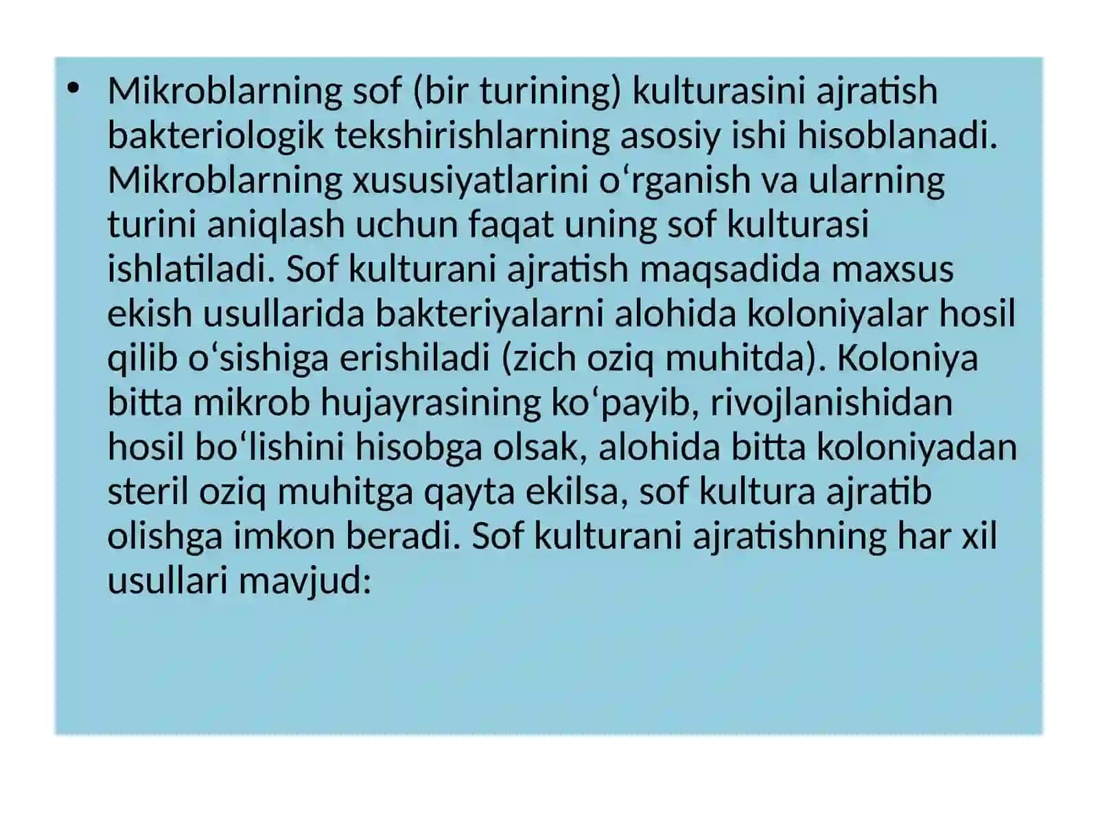 SANOATDA ISHLATILADIGAN MIKROORGANIZIMLARNI EKISH VA SOF KULTURASINI AJRATIB OLISH 4