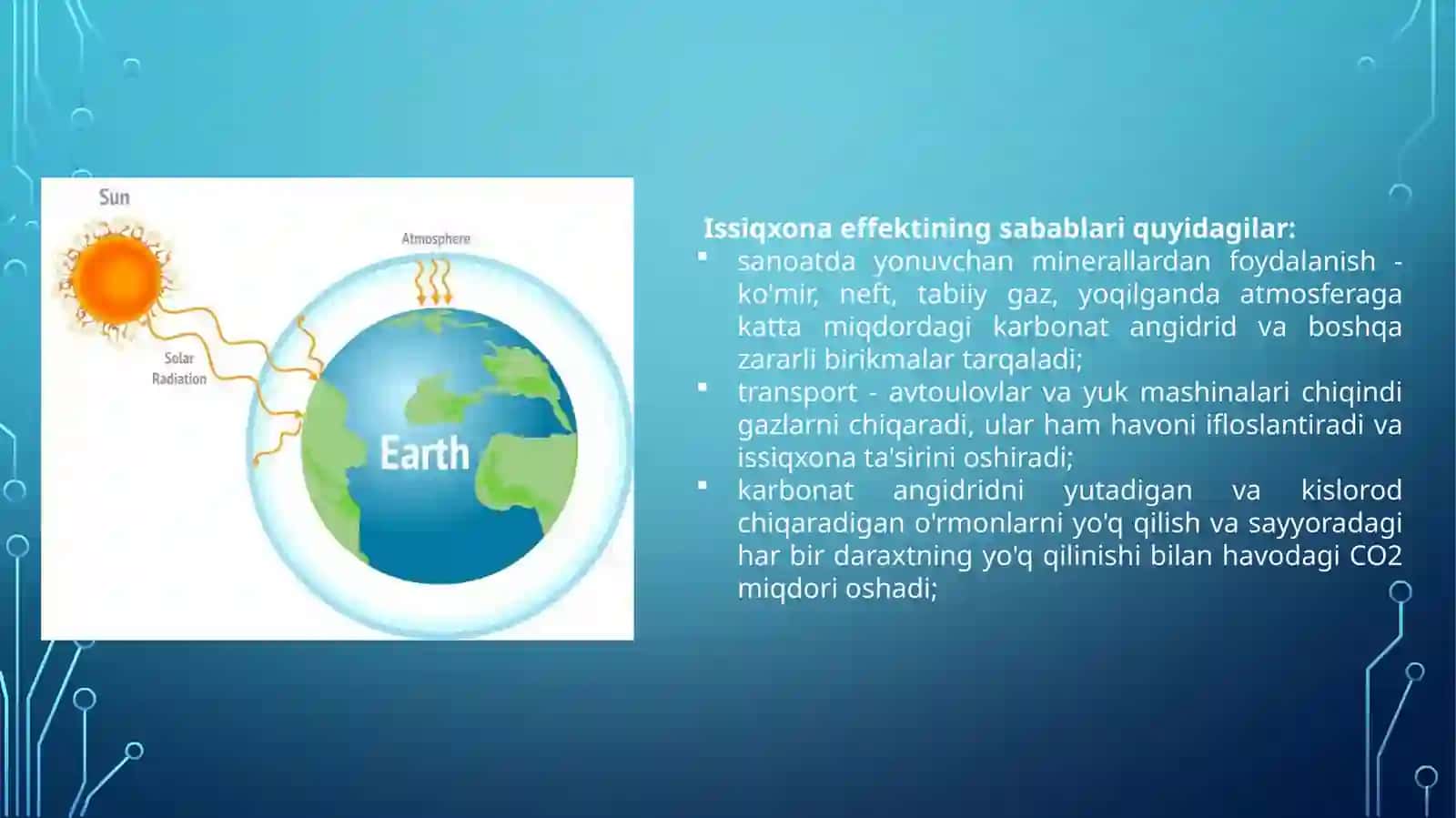 Atmosferadagi issiqlik muvozanati o’zgarishining sayyora iqlimiga ta’siri, parnik effekti 4