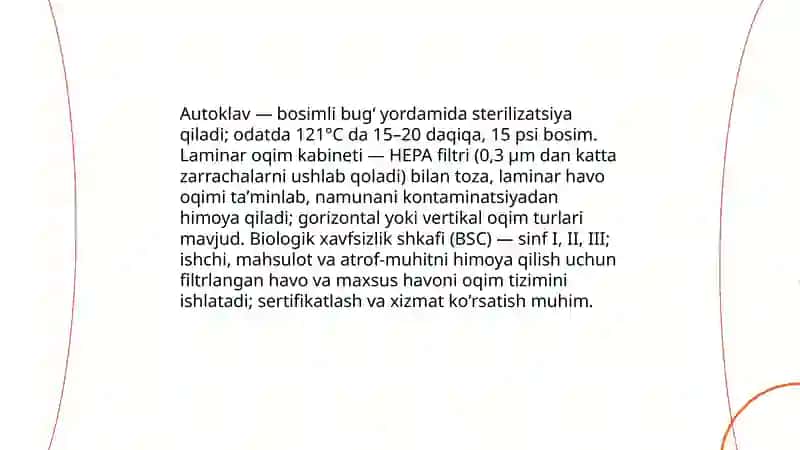 Mikrobiologik, virusologik labaratoriyalar va ularning jihozlanishi.Labaratoriyalarda ishlash tartibi va qoidalari.Bakteriyalarni morfologiyasi, ularni oʻrganish usullari. 4