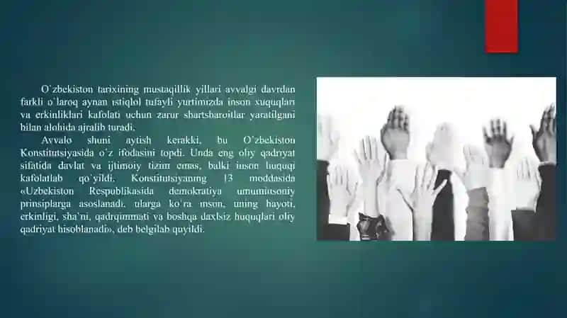Fuqarolik tarbiyasi. O’zbekiston Respublikasi Konstitutsiyasining “Inson huquqlari, erkinliklari va majburiyatlari" 4