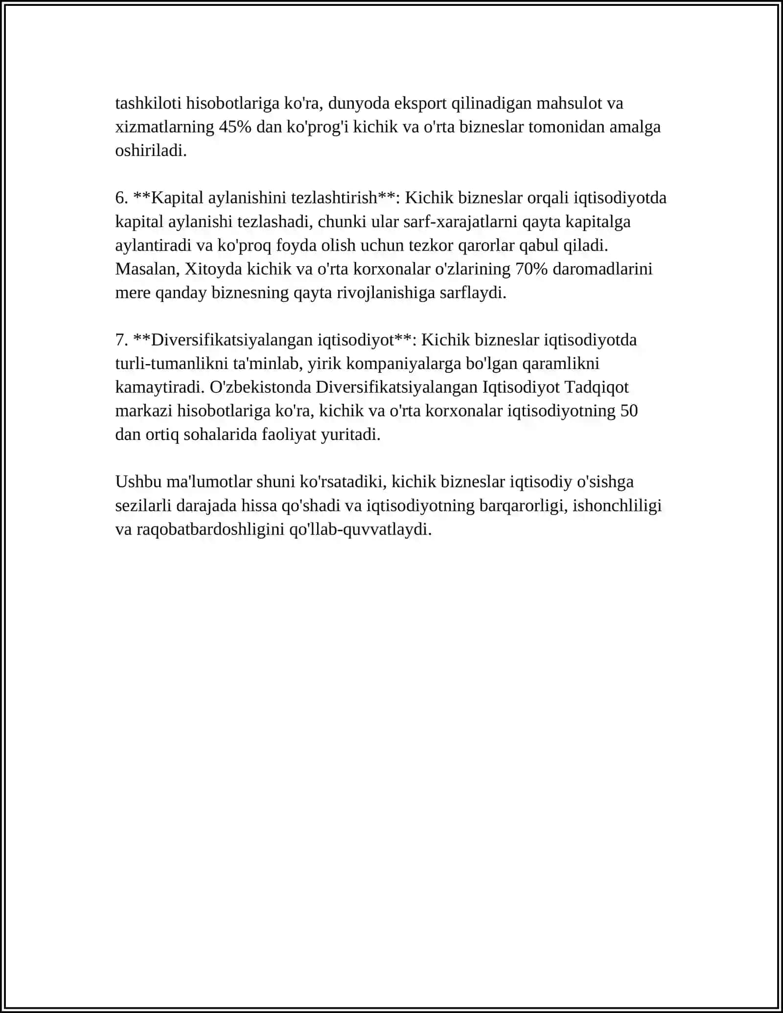 IQTISODIY O‘SISHNI TA‘MINLASHDA KICHIK BIZNES VA XUSUSIY TADBIRKORLIKNING AHAMIYATINI IZOHLANG 4