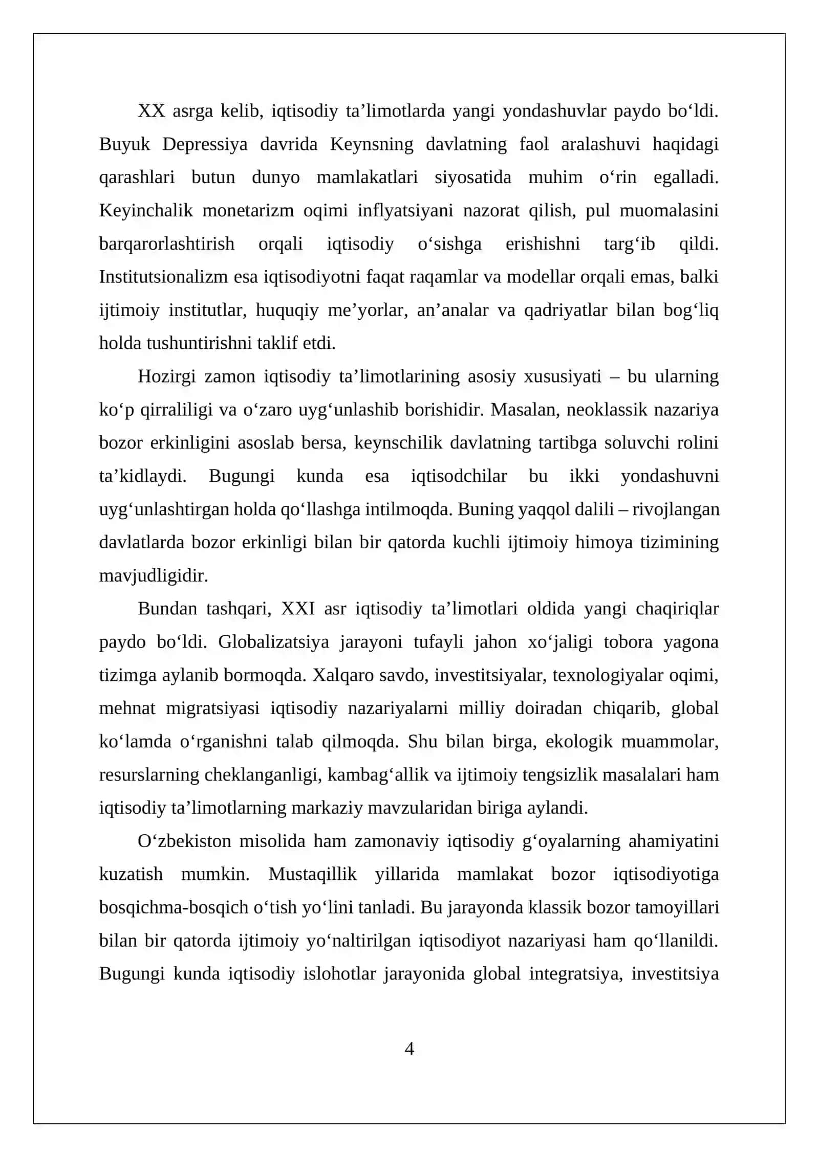 Hozirgi zamon iqtisodiy ta’limotlari evolyutsiyasi va jahon xo‘jaligi to‘g‘risidagi iqtisodiy g‘oyalar 4