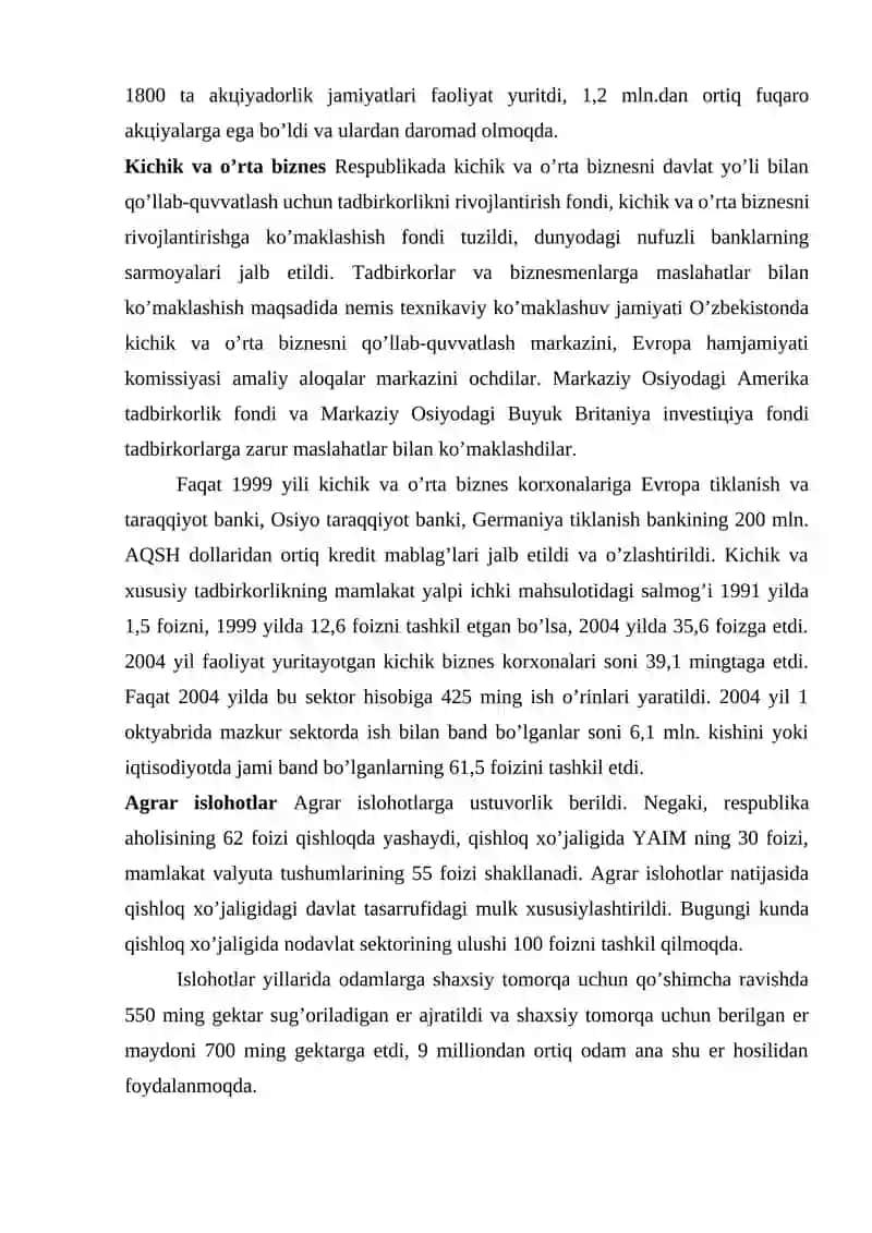 IQTISODIY ISLOHOTLАR, ХUSUSIY MULKCHILIKNING SHАKLLАNISHI. O’ZBEKISTONDА BOZOR MUNOSАBАTLАRINING RIVOJLАNISHI 4