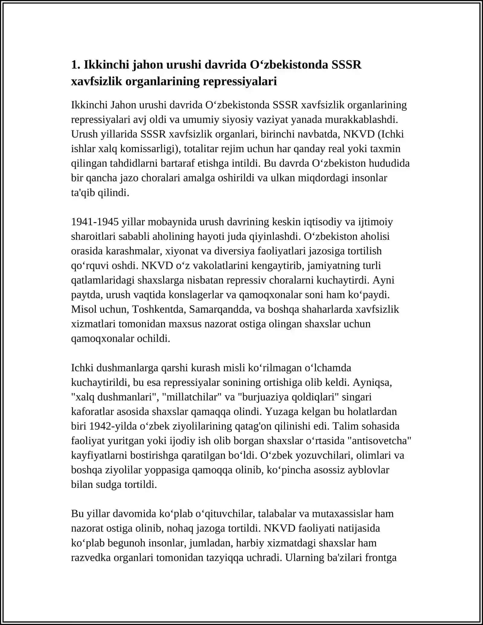 SOVET XOKIMYATINING ÓZBEKISTON DAGI QATAGʻONLIK SIYOSATI. ÓZBEKISTON IKKINCHI JAHON URUSHI YILLARIDA 4