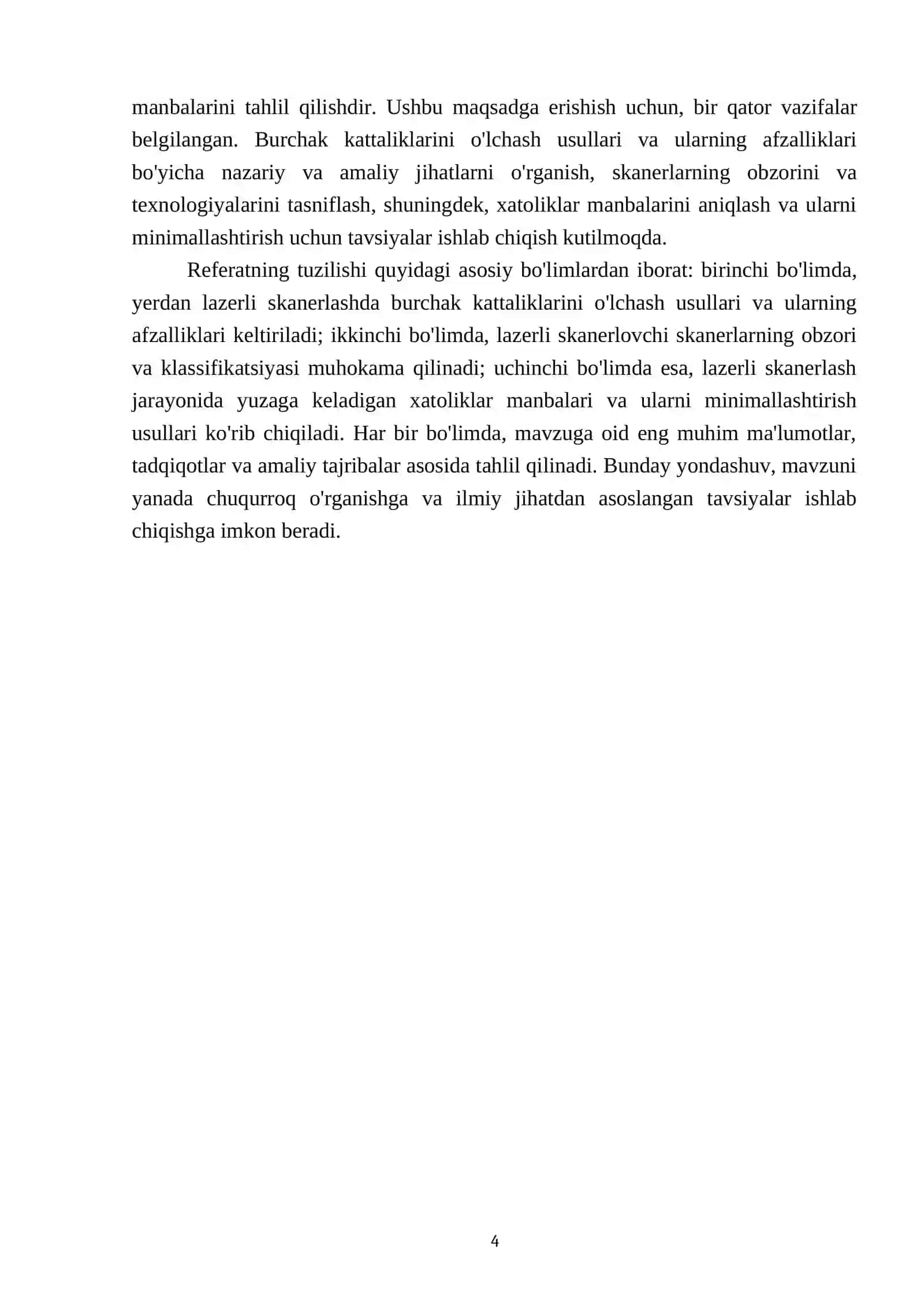 Yerdan bajarilgan lazerli skanerlashlarda burchak kattaliklarini o‘lchash usullari. Yerdan lazerli skanerlovchi skanerning obzori va klassifikatsiyasi. Yerdan lazerli skanerlashda xatoliklar manbalari 4