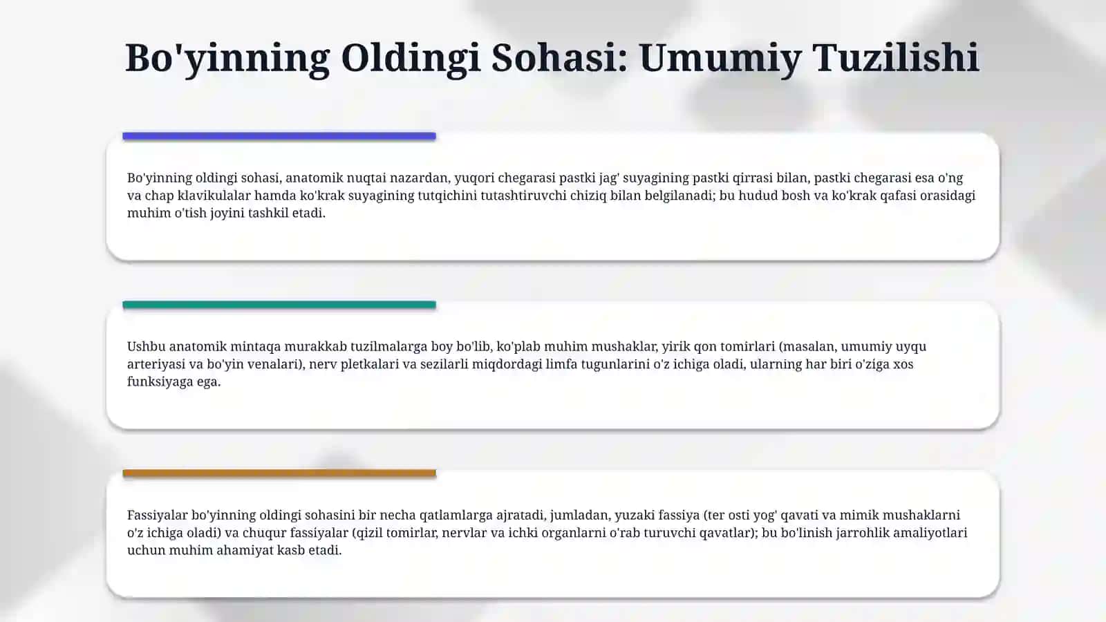 Boʻyinning oldingi sohasi topografik anatomiyasi va operativ xirurgiyasi. Boʻyinning oldingi boʻlimi. Tilosti usti va tilosti pastki sohalari. 4