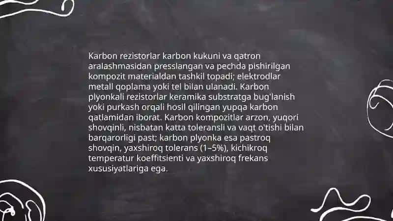 Rezistorlarning turlari, tuzilishi, belgilanishi va amaliy qo'llanilishi 4