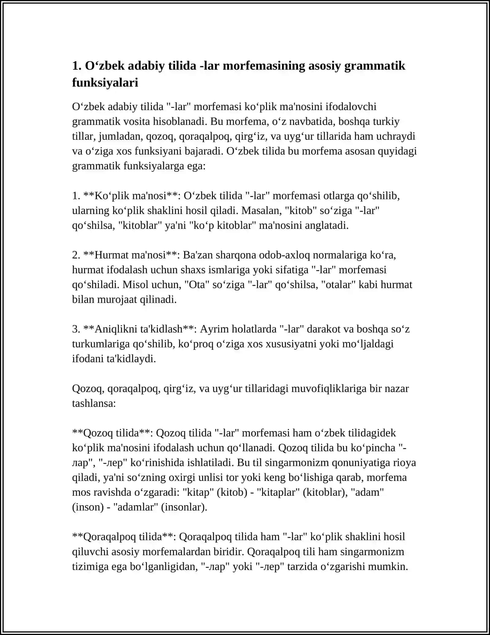 OʻZBEK ADABIY TILIDA -LAR MORFEMASINING QOZOQ, QORAQALPOQ, QIRGʻIZ, UYGʻUR ADABIY TILLARIDA MUVOFIQLARI VA SINGARMONISTIK VARIANTLARI 4