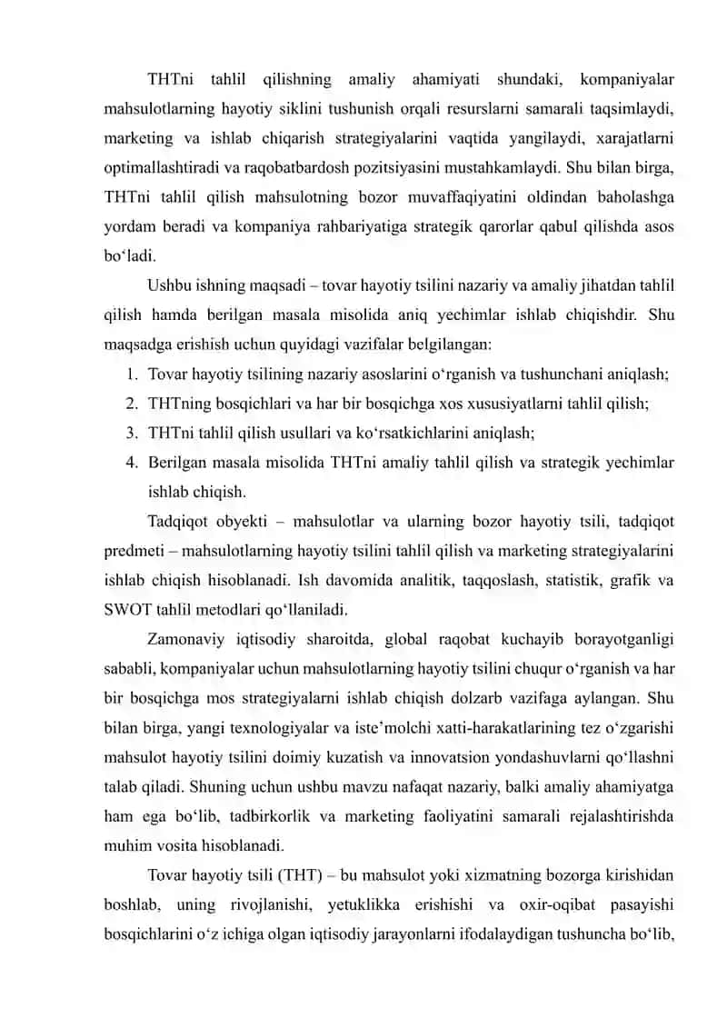 TOVAR HAYOTIY TSIKLINI TAHLIL QILISH VA BERILGAN MASALAGA ANIQ YECHIMLAR ISHLAB CHIQISH” 4