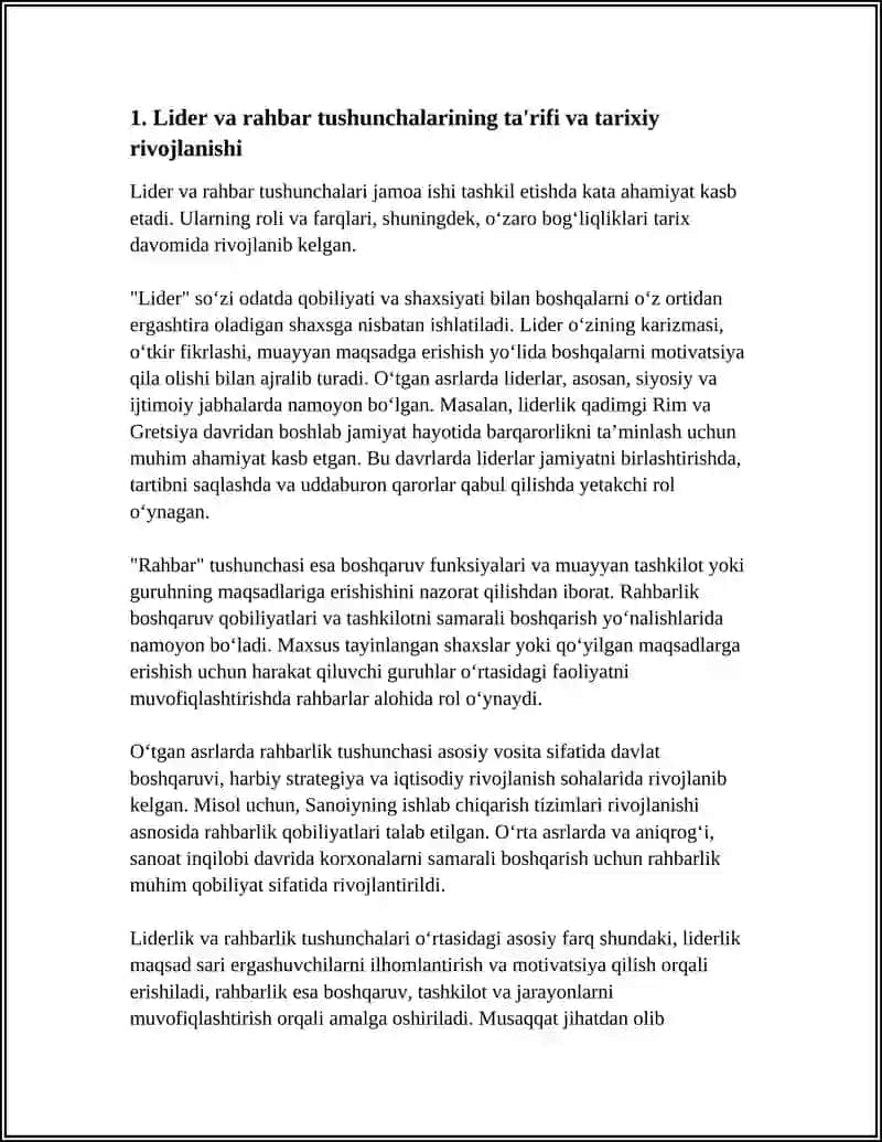 JAMOA ISHINI TASHKIL ETISHDA LIDERNING ROLI. RAHBAR VA LIDER TUSHUNCHALARI ÕRTASIDAGI MUSHTARAK VA FARQLI JIHATLAR 4