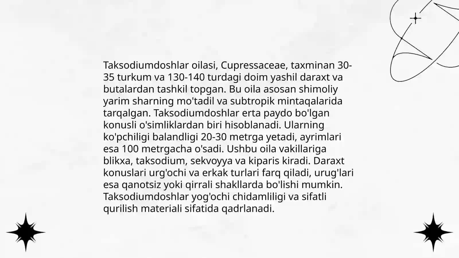Kiparisnamolar qabilasi.Umumiy tavsifi.Taksodiumdoshlarning va archadoshlar oilalarining umumiy tavsiflari.Ularning muhim turkum va turlari,ekologiyasi,biosferadagi va xõjalikdagi ahamiyati 4