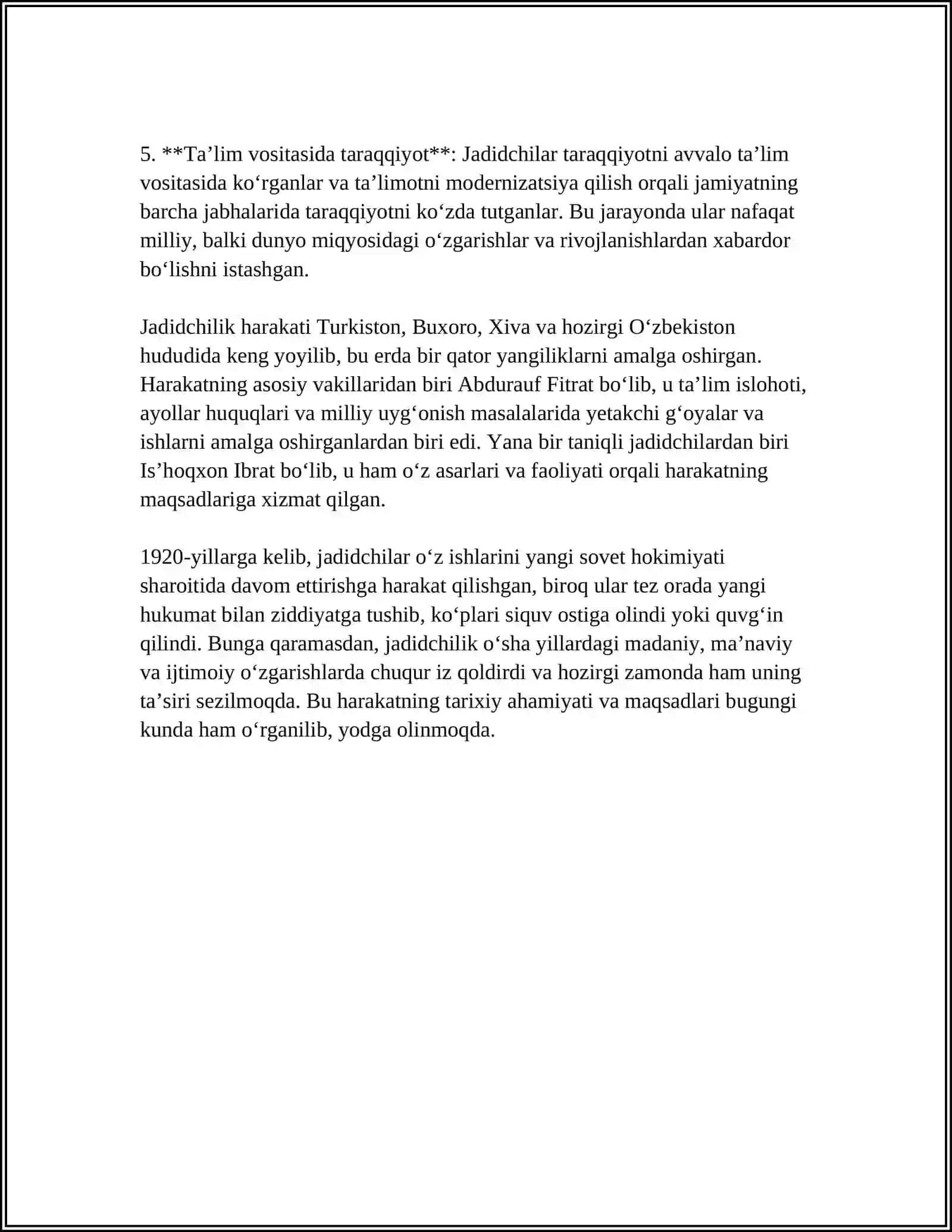 JADID MARIFATPARVARLARINING OʻLKA IJTIMOIY-MADANIY HAYOTIDA TUTGAN OʻRNI (MUNAVVAR QORI, FITRAT, BEHBUDIY, AVLONIY VA BOSHQ.) 4