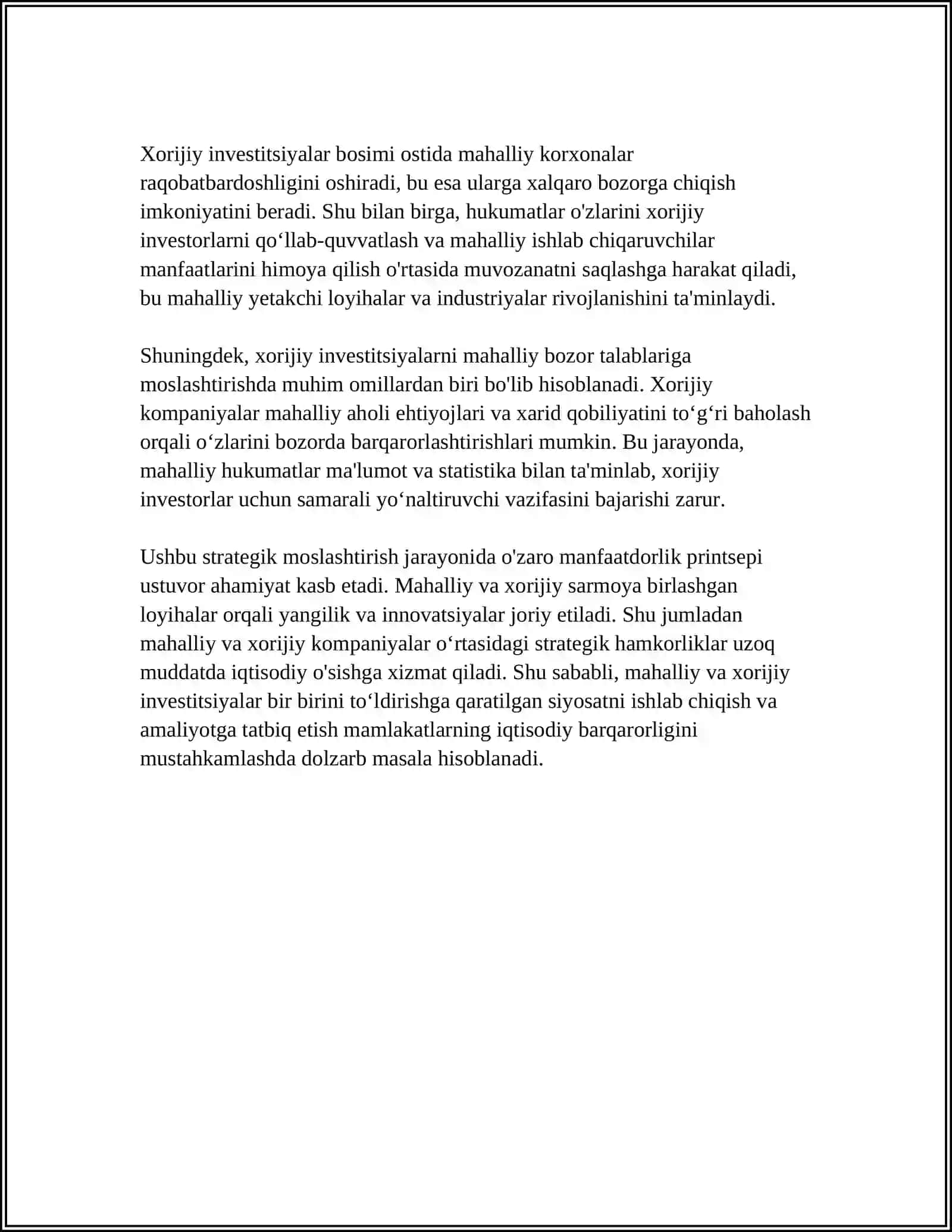 MAHALLIY VA XORIJIY INVESTITSIYALAR BIR BIRINI TOLDIRISH 4