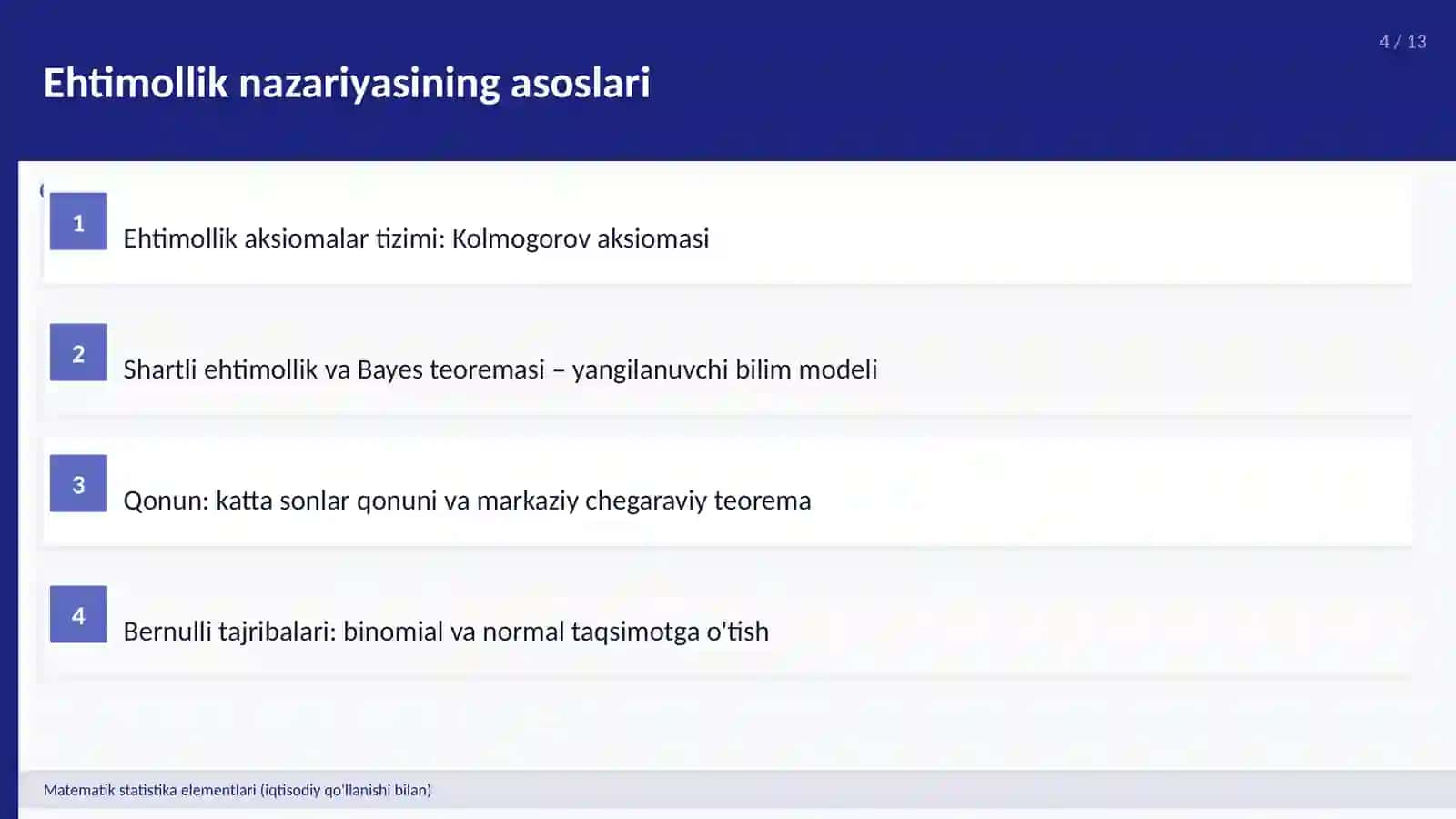 Matematik statistika elementlari (iqtisodiy qo'llanishi bilan) 4
