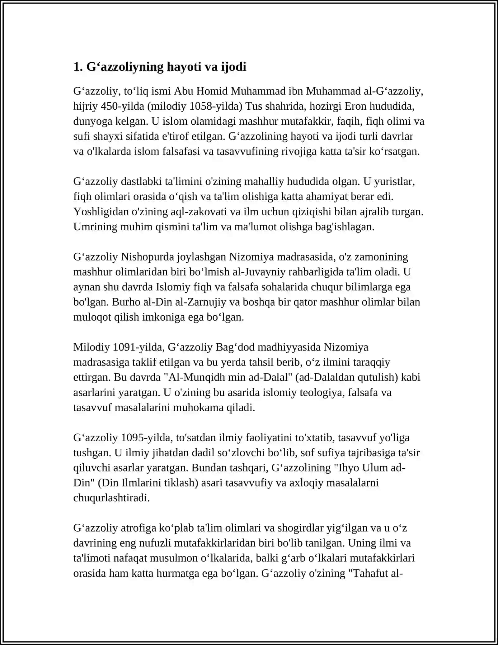 GʻAZZOLIYNING TAVBA ASARINI TAHLIL ETISH VA TALABALARNING OʻZ FAOLIYATIDA MAVJUD OFATLARNI ANIQLASH VA OʻZIGA BAHO BERUVCHI ESSE TAYYORLASH 4