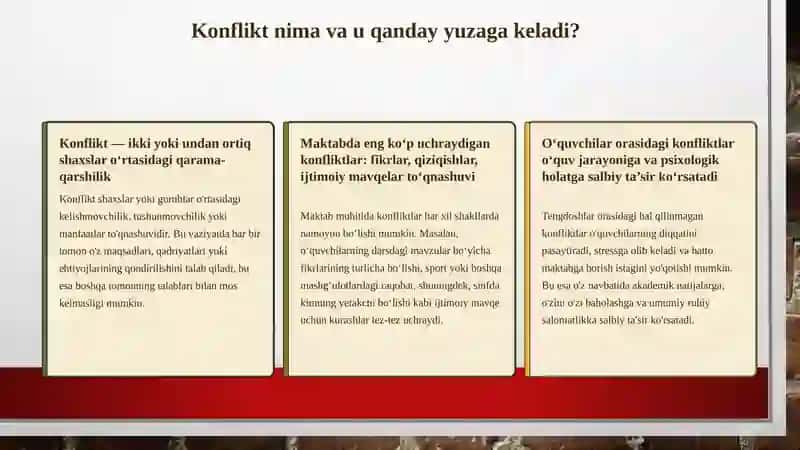 O‘quvchilar va Tengdoshlar Orasidagi Konfliktlar sabablari, natijalari va yechimlari 4