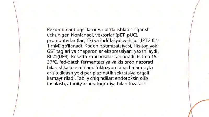 Bakteriya va achitqilardan oqsillar va aminakislatalar ishlab chiqarish 4