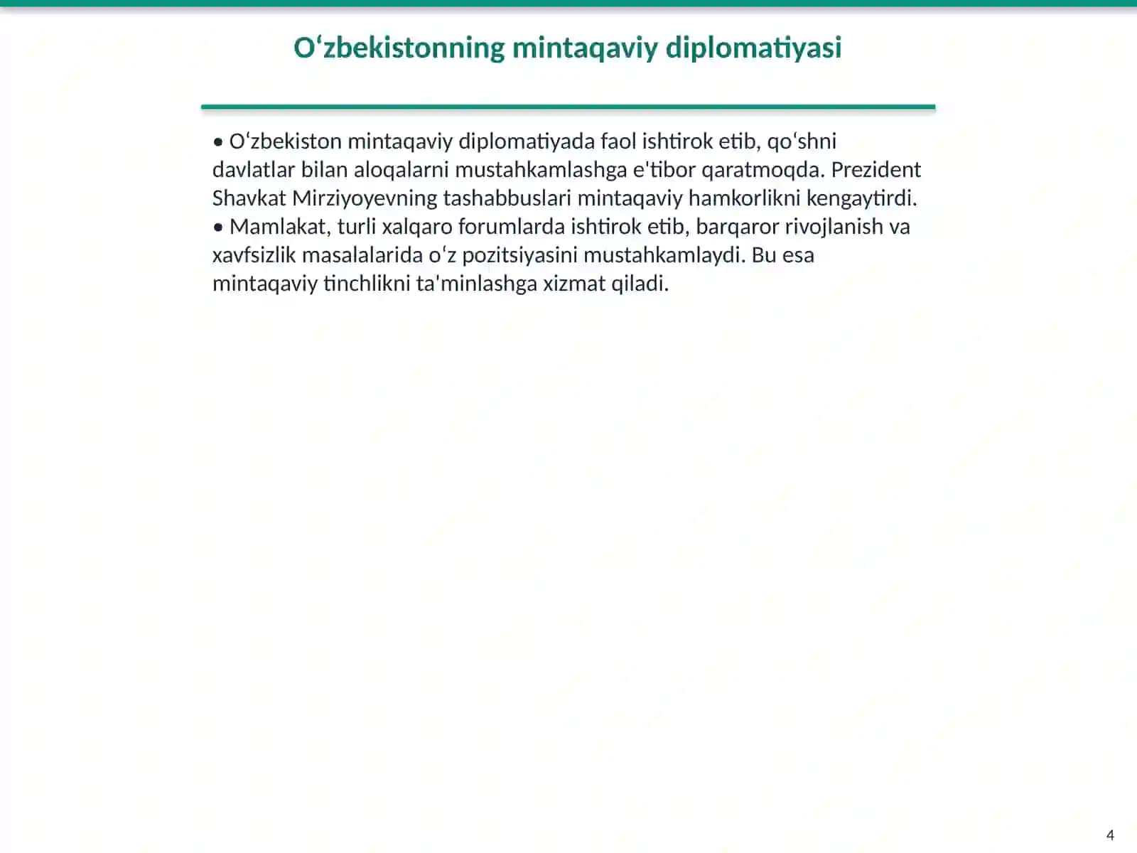 O‘zbekistonning Markaziy Osiyoda tinchlik va barqarorlikni ta’minlashdagi o‘rni 4