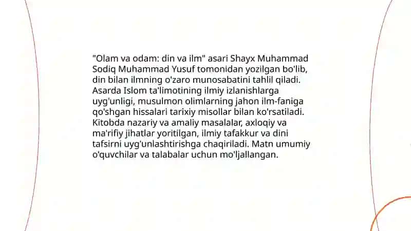 Shayx Muxammad Sodiq Muxammad Yusufning Olam va odam din va ilm asarida musulmon allomalarning jaxon ilm-fan rivojiga qoʻshgan xissasi 4