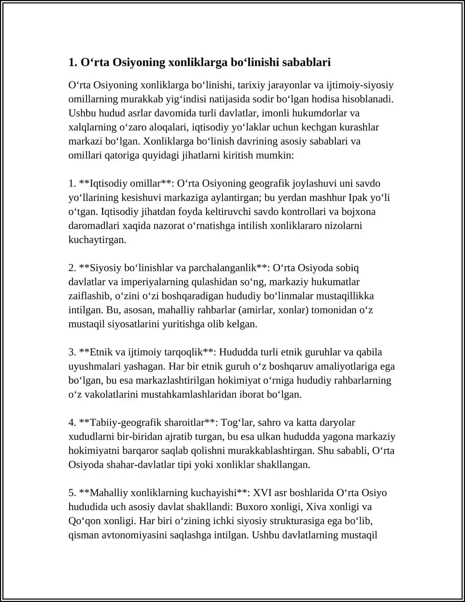 O‘RTA OSIYONING XONLIKLARGA BO‘LINIB KETISHI, UNING SABAB VA OQIBATLARI 4