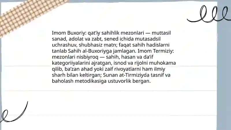 Imom Buxoriy va Imom Termiziyning hadis ilmiga qo'shgan hissalarini 4