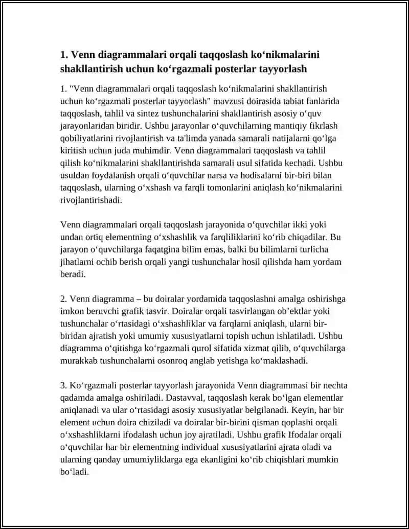 TABIIY FAN DARSLARIDA TAQQOSLASH,TAHLIL VA SINTEZ TUSHUNCHALARINI SHAKLLANTIRISHDA FOYDALANILADIGAN KOʻRGAZMALI QUROLLAR TAYYORLASH 4