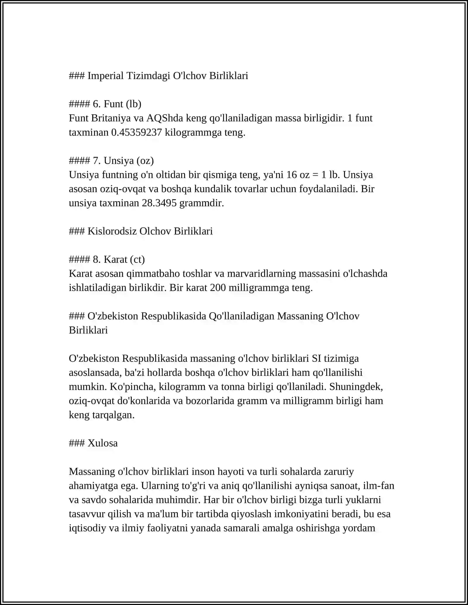 MASSA OʻLCHOV BIRLIKLARI VA UNING BIRLIKLARI BILAN TANISHTIRISH METODIKASI 4