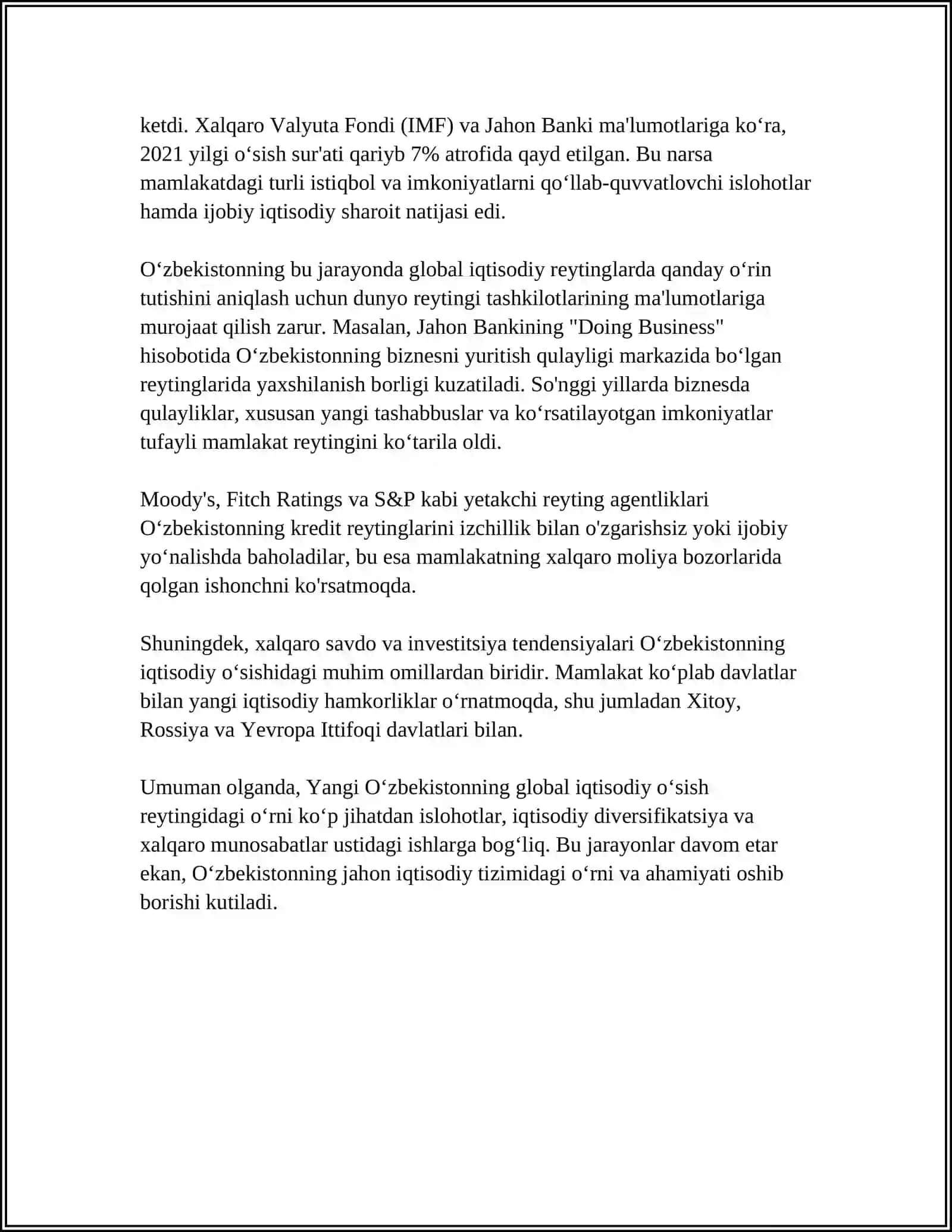 YANGI O’ZBEKISTON IJTIMOIY-SIYOSIY IQTISODIY VA MADANIY HAYOTIDA RO’Y BERAYOTGAN O’ZGARISHLARNING XALQARO REYTING VA INDEKSLARDA AKS ETISHI 4