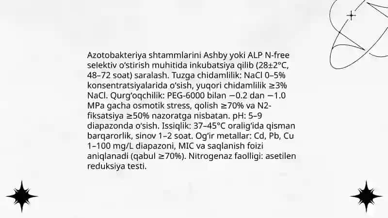 Tuproq stress omillariga chidamli tuganak bakteriyalar va azotobakteriyashtammlaridan biopreparatlar tayyorlash texnologiyasi 4