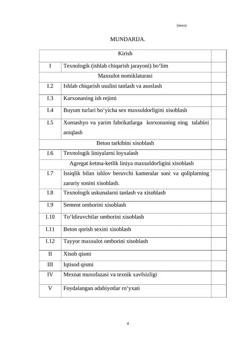 Irrigatsiya lotoklarini kompazit artmatura va  gidrofob qo‘shimchalar asosida ishlab chiqarish korxonasini loyihalash yillik mahsuldorlik 21 ming m3 4