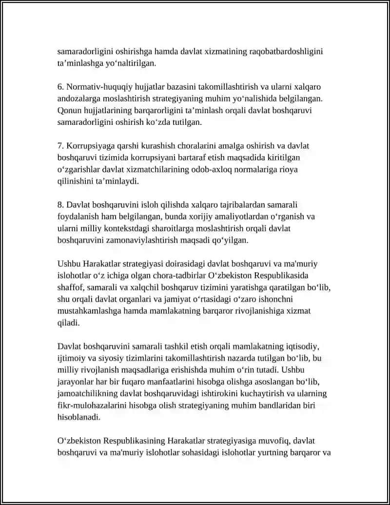 O‘zbekiston Respublikasini yanada rivojlantirish bo‘yicha 2017-2021 YILLARGA MÕLJALLANGAN HARAKATLAR STRATEGYASI 4