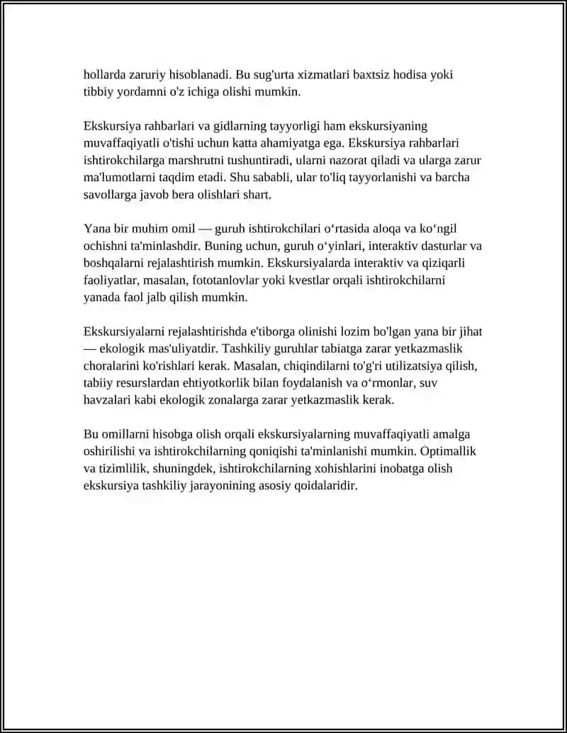 MUSTAQIL ISH Mavzu: EKSKURSIYA XIZMATLARINI TASHKIL ETISH 4