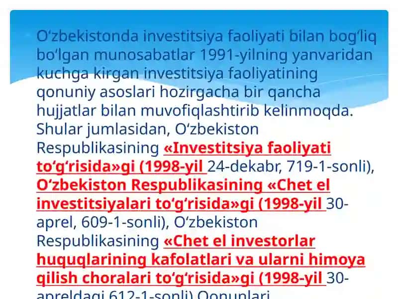 O‘zbekiston Respublikasining investitsion tizimi. Investitsiya faoliyatini boshqarish 4