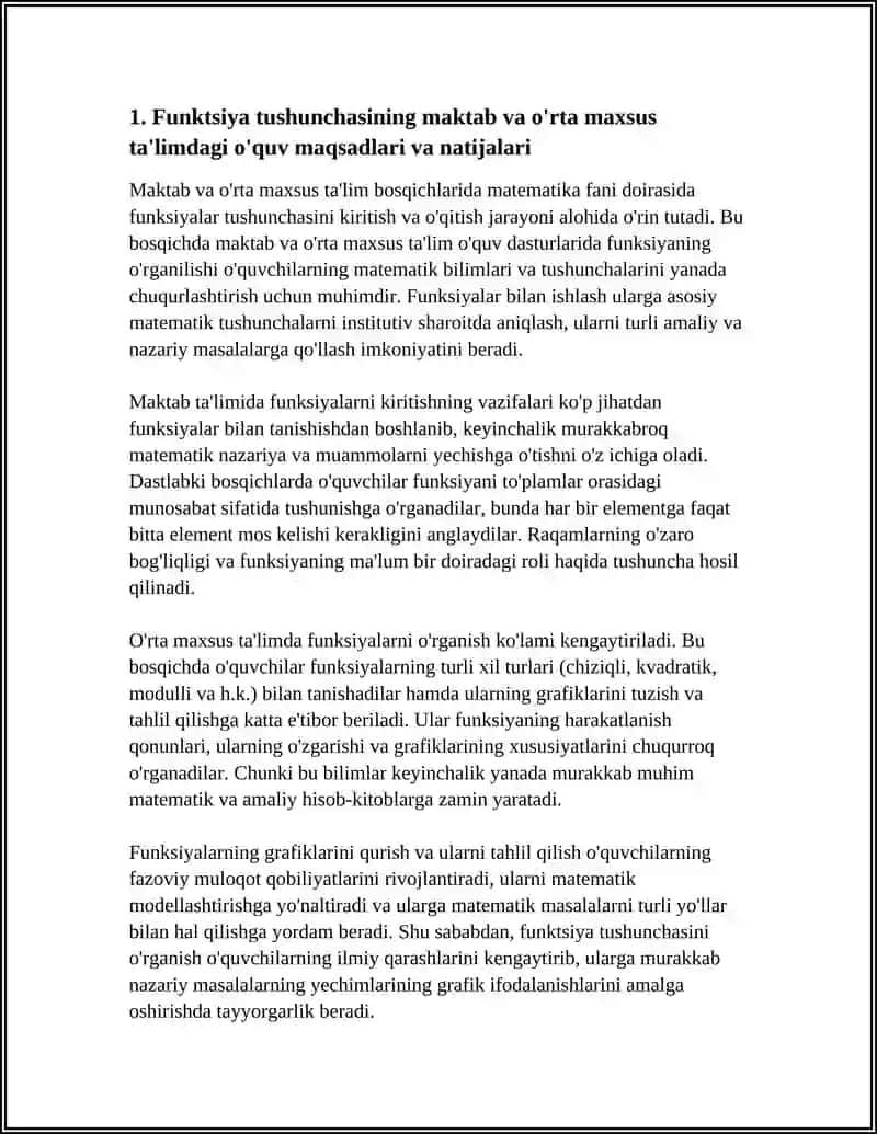 MAKTAB VA O'RTA MAXSUS TA'LIM MATEMATIKASI KURSIDA FUNKSIYA TUSHUNCHASINI KIRITISH VA O'QITISH 4METODIKASI 4