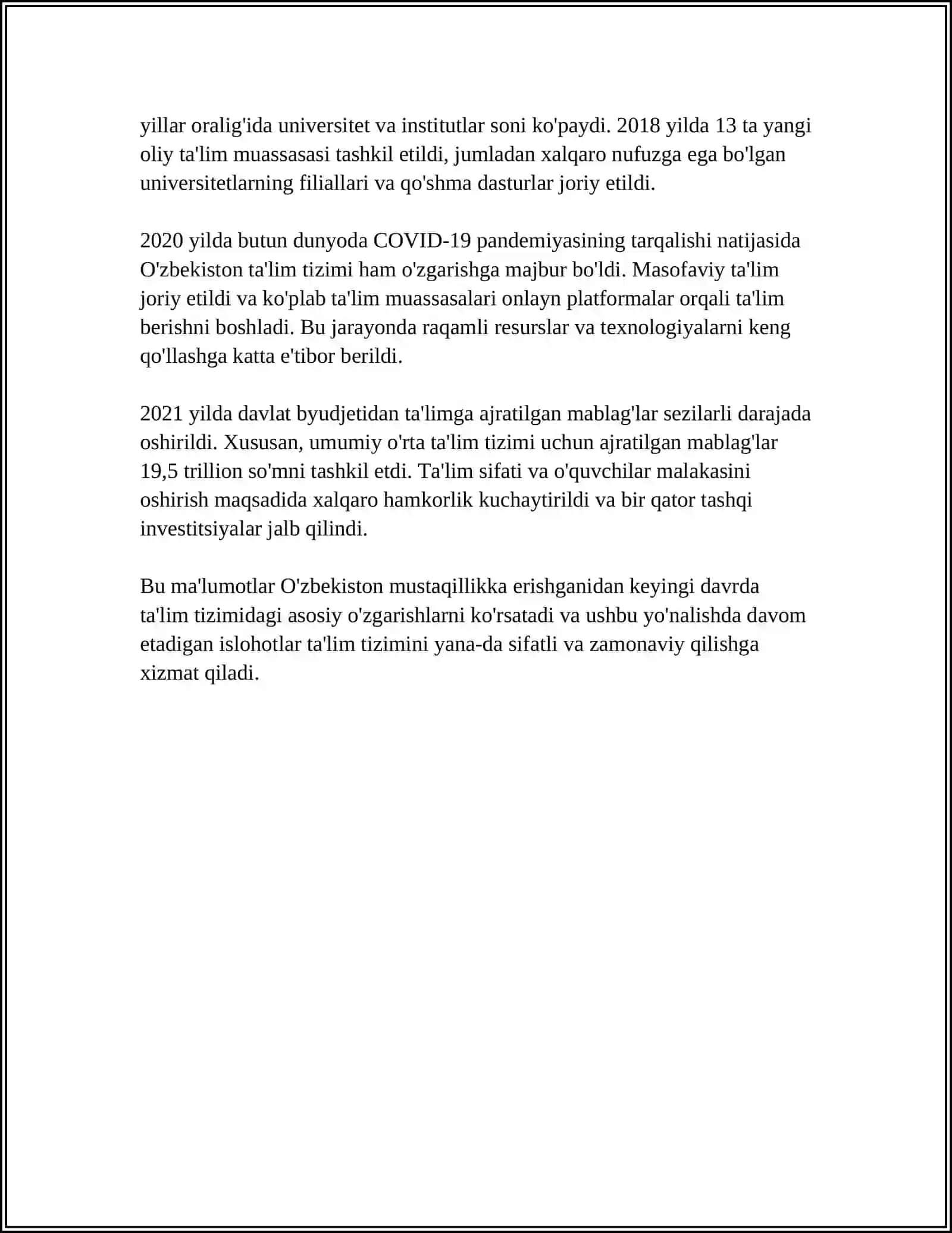 OZBEKISTON RESPUBLIKASIDA TA'LIM SOHASIDA AMALGA OSHIRILGAN ISLOHOTLAR 4