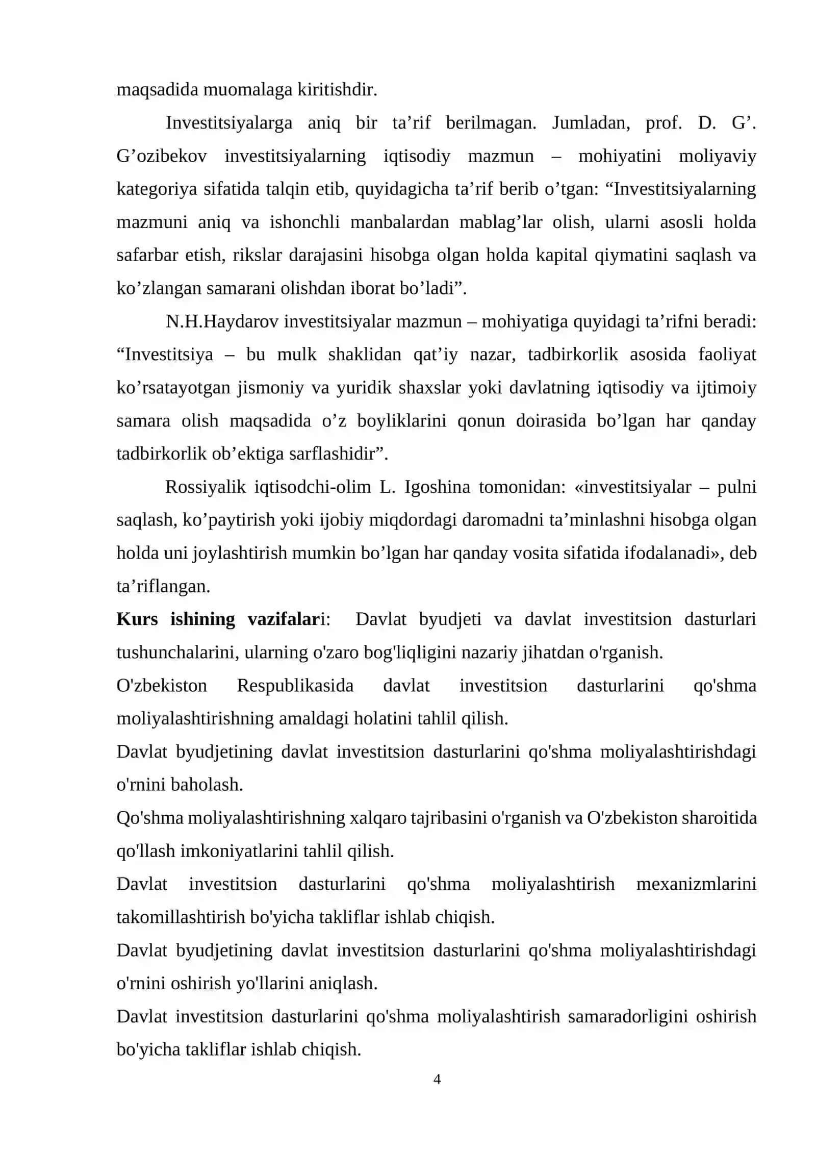 O’zbekiston Respublikasida davlat budjetining davlat investitsion dasturlarini qo’shma moliyalashtirishdagi o’rni va ahamiyati mavzusida kurs ishi 4