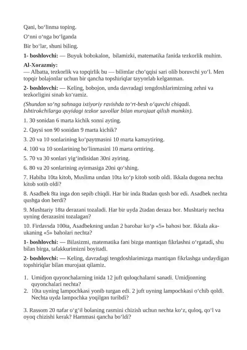 Matematika — fanlar shoxi 4- sinf uchun tadbir ssenariysi 4
