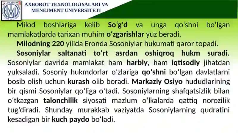 Yangi era boshlarida Qashqadaryo vohasi (I-VII asrlar). Qashqadaryo vohasi Arab xalifaligi davrida (VII-IX asr) 4