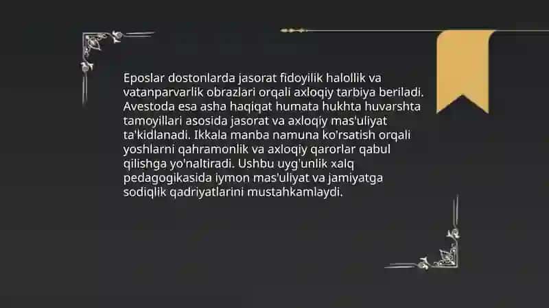 Xalq ogʻzaki ijodi janrlarining tarbiyaviy ahamiyati Avesto va xalq pedagogikasi gʻoyalaridagi uyğunlik 4