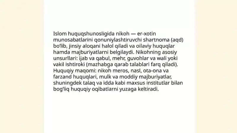 Islom huquqshunosligida oila, nikoh, taloq, idda, zinhor tushunchalarini ta'riflash 4