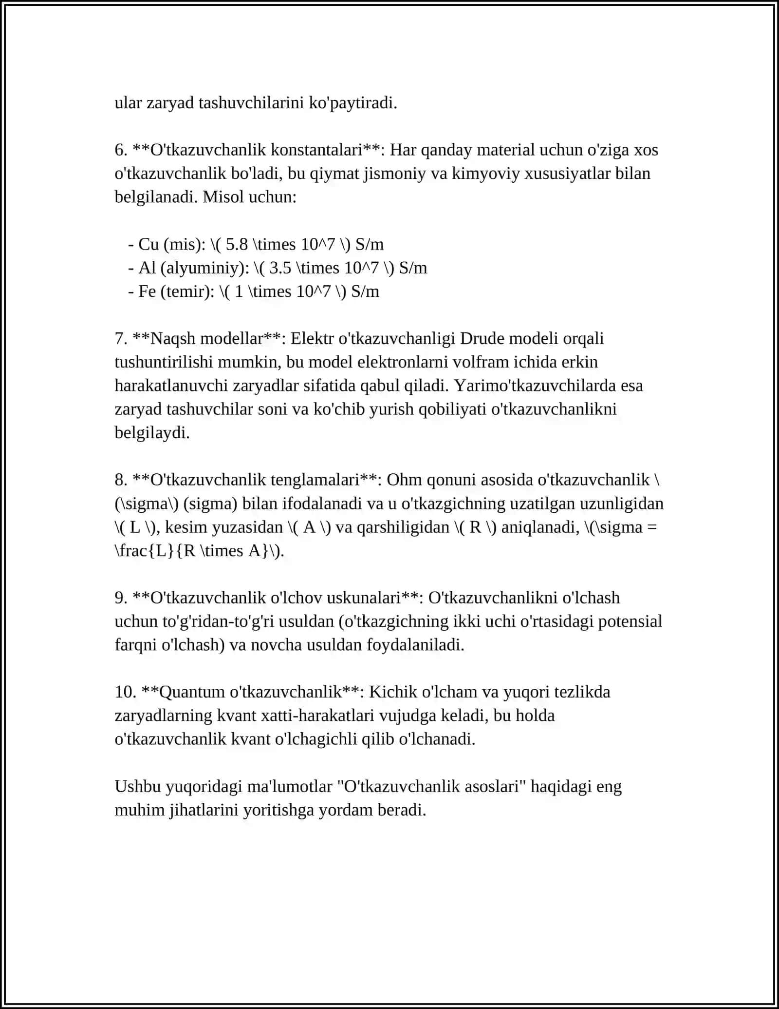 O'tkazuvchanlik va uning kvantomexanik talqini 4