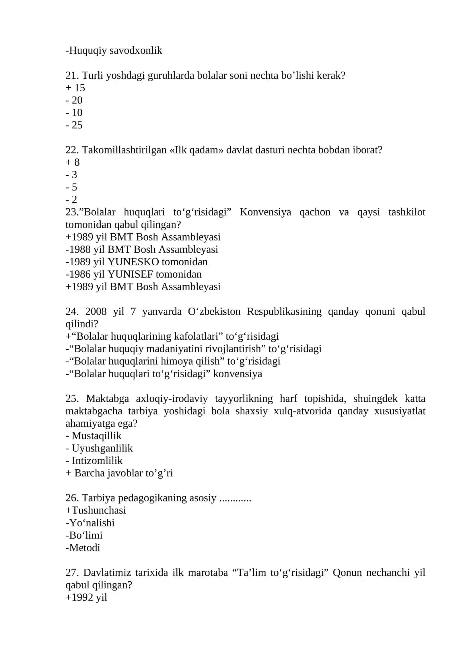 «Maktabgacha ta’lim nazariyasi faniga kirish» fanidan yakuniy nazorat testlari 4
