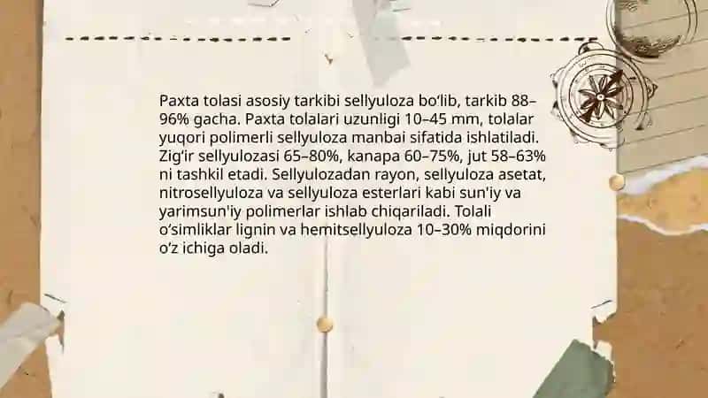 Tabiiy, sun'iy va sintetik yuqori molekulali birikmalar olish uchun xom ashyo manbalari 4