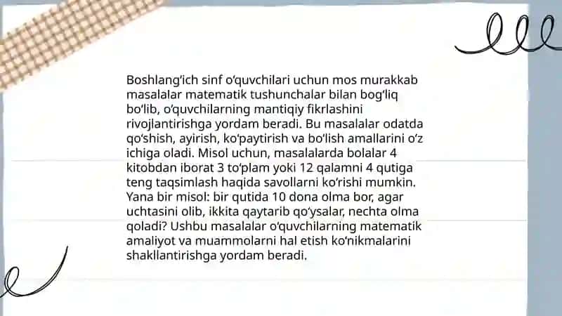 Boshlang‘ich sinf matematika darslarida murakkab masalalar bilan ishlash metodikasi 4