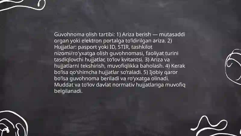 Tashkiliy hujjatlar (guvohnoma, yoʻriqnoma, nizom-ustav shartnoma) 4