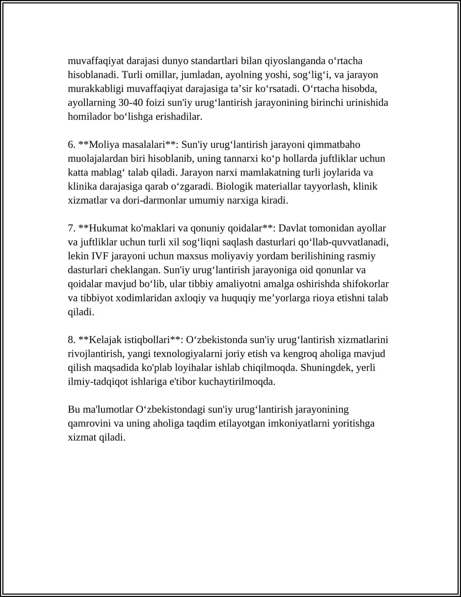 OʻZBEKOSTONDA YANGI REPRODUKTIV TEXNOLOGIYALARNI QOʻLLASH MASALASINING HOLATI 4